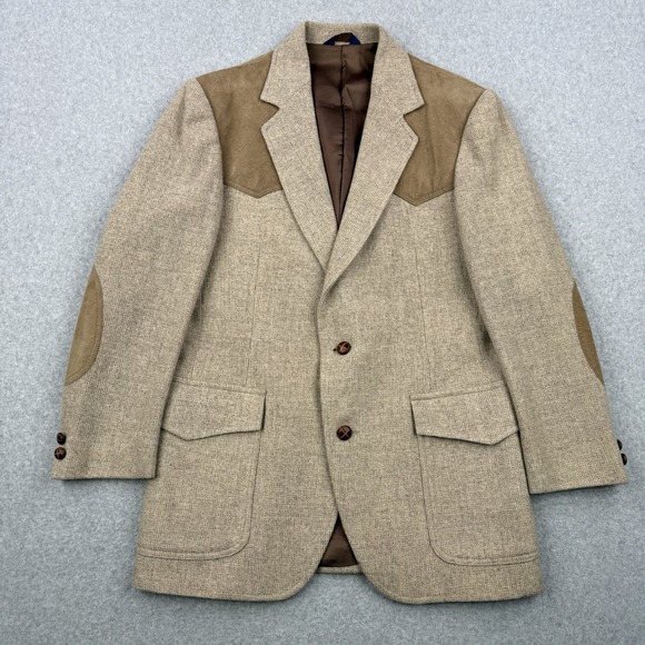 Pendleton Other - Vintage Pendleton Blazer Mens 40 Beige Virgin Wool Suede Yoke Elbow Patches USA